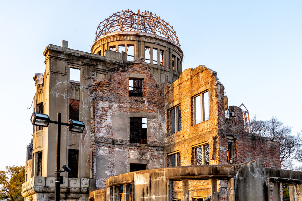 Atomic Bomb Dome at sunset, part of the Hiroshima Peace Memorial Park Hiroshima, Japan and was designated a UNESCO World Heritage Site.